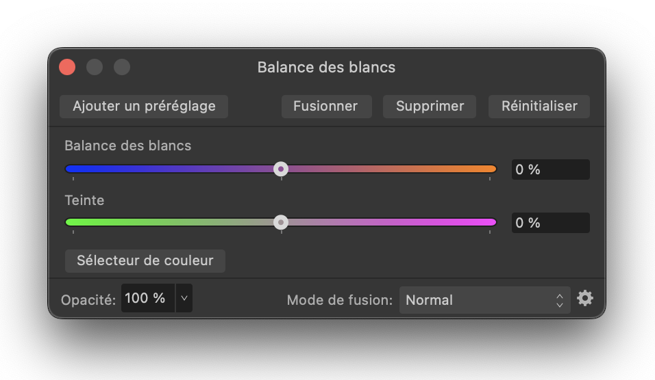 Curseur de balance des blancs dans Affinity Photo