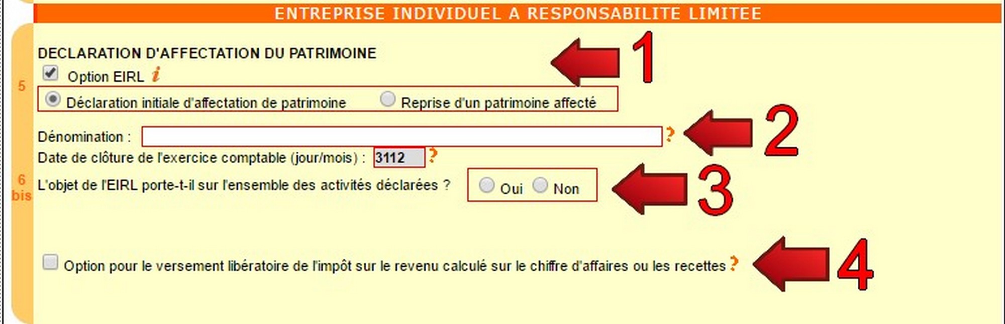 inscription auto-entreprise eirl patrimoine personnel patrimoine professionnel prélèvement libératoire de l'impôt